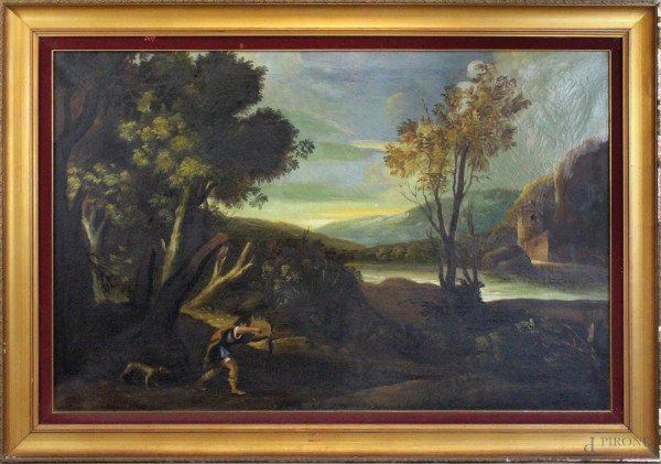 Paesaggio con scena di caccia, olio su tela, cm. 90x140, XX secolo.