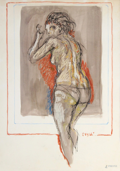 Alberto Sughi, Nudo di donna, tecnica mista su carta, cm 50x70, entro cornice.