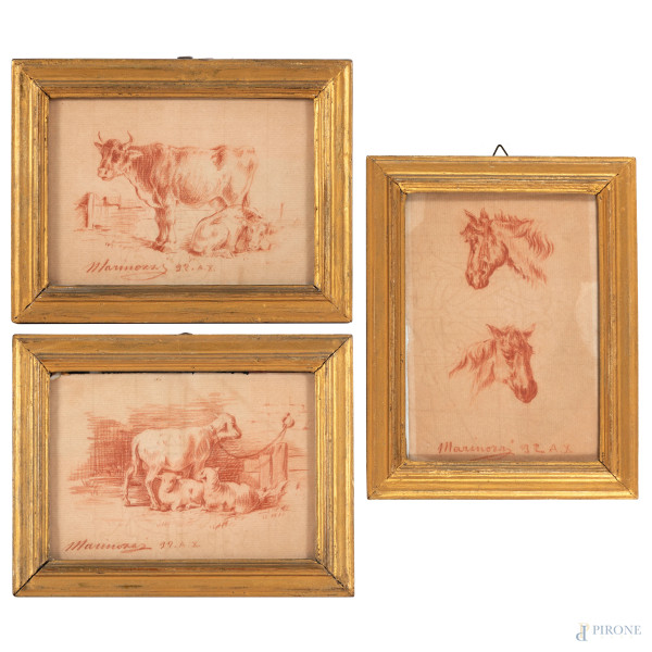 Lotto composto da tre disegni a sanguigna raffiguranti animali, XX secolo, misure massime cm 18x14, firmate in basso, entro cornice, (tracce di umiidtà, piegature, bruniture, foxing)