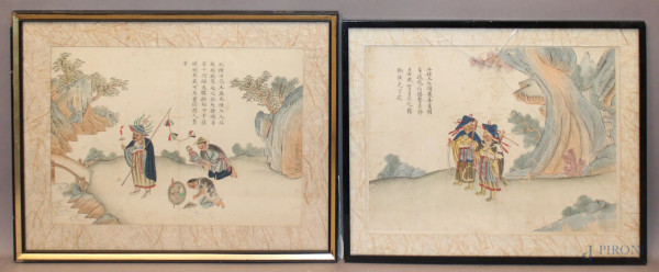 Lotto composto da quattordici acquarelli su carta raffiguranti scene di vita e di lavoro contadine con ideogrammi, fine XIX sec., cm 40 x 28.