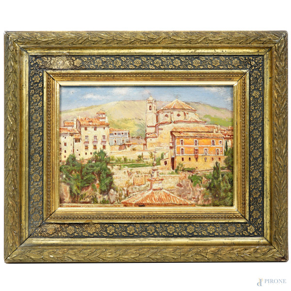 Scorcio di paese, olio su tavoletta, cm 17,5x26,5, firmato in basso a sinistra