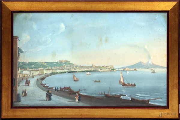 Scorcio di Napoli su sfondo Vesuvio, gouache, 40x65 cm, entro cornice