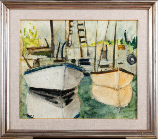 Amedeo Ruggiero (1912-1986), Barche, olio su tela, cm 55x60, firmato in basso a sinistra, entro cornice