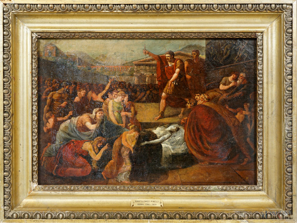 La morte di Camilla, XIX secolo, olio su tela, cm 30x45, entro cornice, (difetti)