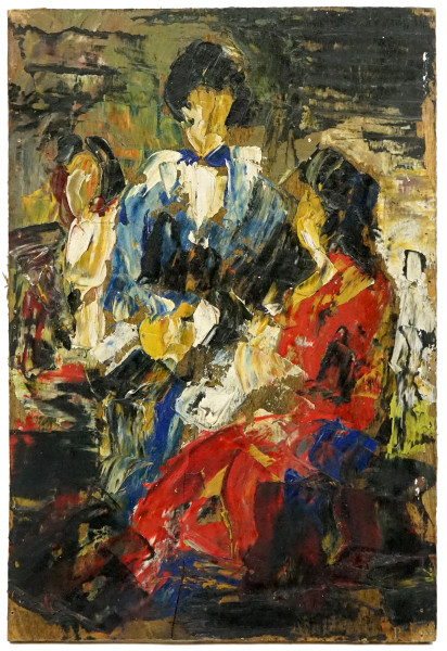 Tre figure, olio su tavoletta, cm 23x15,5, XX secolo,(difetti)