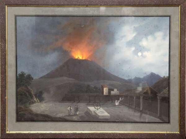 Eruzione del Vesuvio, gouache su carta, cm 43x65, fine XIX sec., entro cornice.