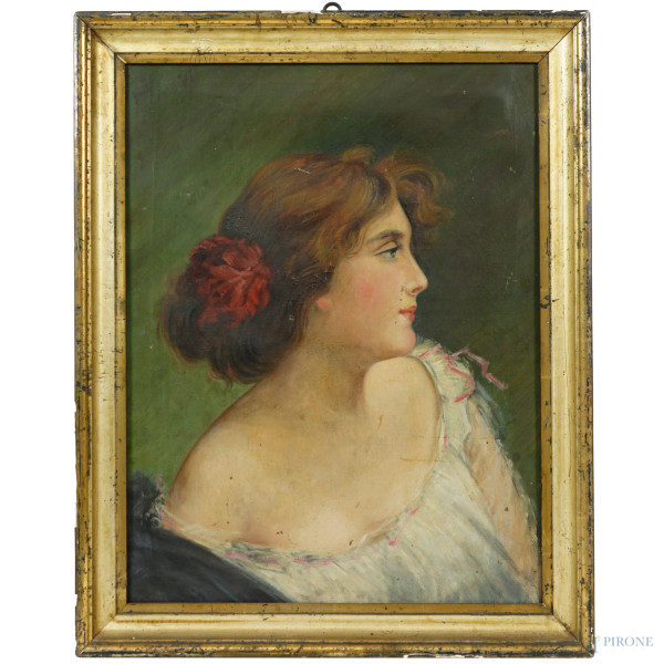 Profilo di donna, olio su tela, sec. XIX-XX, cm 57x44, (difetti)