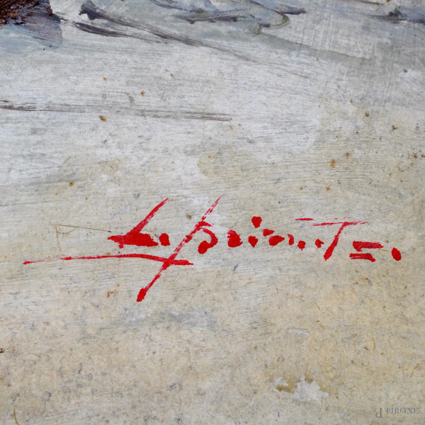 Ezelino Briante (1901-1971), Scorcio con imbarcazioni e figure, olio su cartone, cm 34,5x49,5, fi...