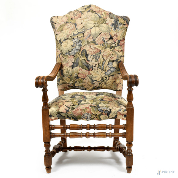 Poltrona in noce con seduta e schienale imbottiti e rivestiti in tessuto floreale, XIX-XX secolo, cm 130x69x62,5, (segni di usura, scalfiture, difetti)