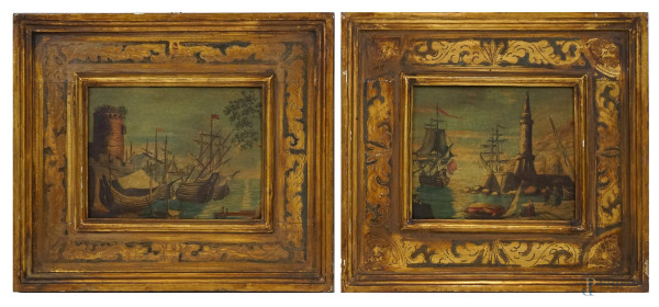 Coppia di marine con castello e imbarcazioni, olio su tavola, cm 20x24,5, XX secolo, entro cornici.