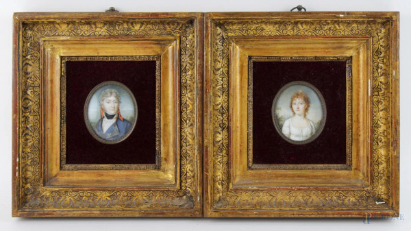 Coppia di miniature raffiguranti ritratto di gentiluomo e gentildonna,&#160;scuola francese del XIX secolo, altezza cm. 7x5,5, entro cornici.