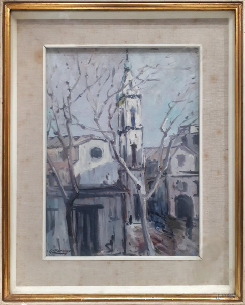 G. Marengo, Il Campanile, 1962, olio su cartone, cm 40x30, firmato, con cornice