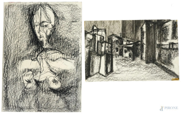 Lotto di due carboncini su carta raffiguranti Nudo di donna e Palazzi, cm 42x29,5, XX secolo.