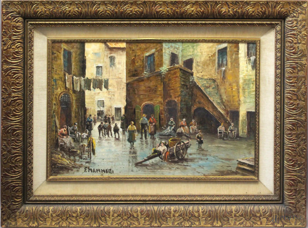 Vicolo di Napoli con figure, olio su tela firmato e datato 1902, cm 60 x 80, entro cornice.