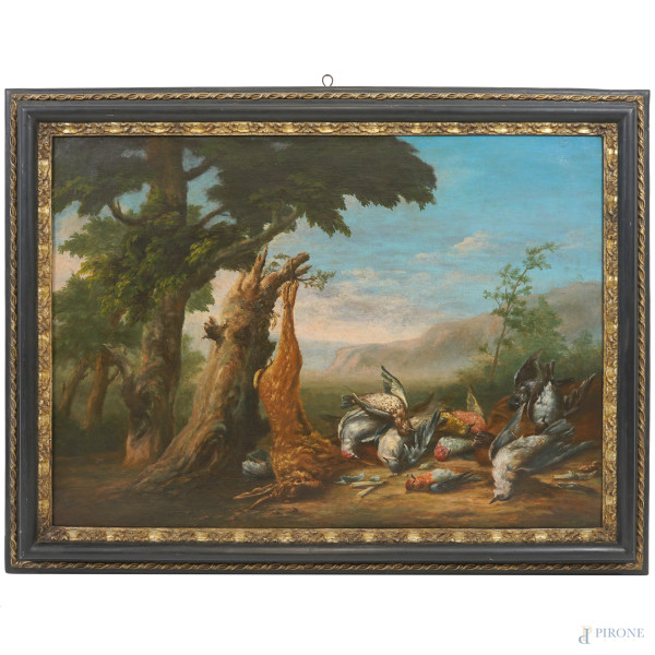 Scuola nord-europea del XVIII secolo, Natura morta con cacciagione entro un paesaggio, olio su tela, cm 79,5x110, entro cornice