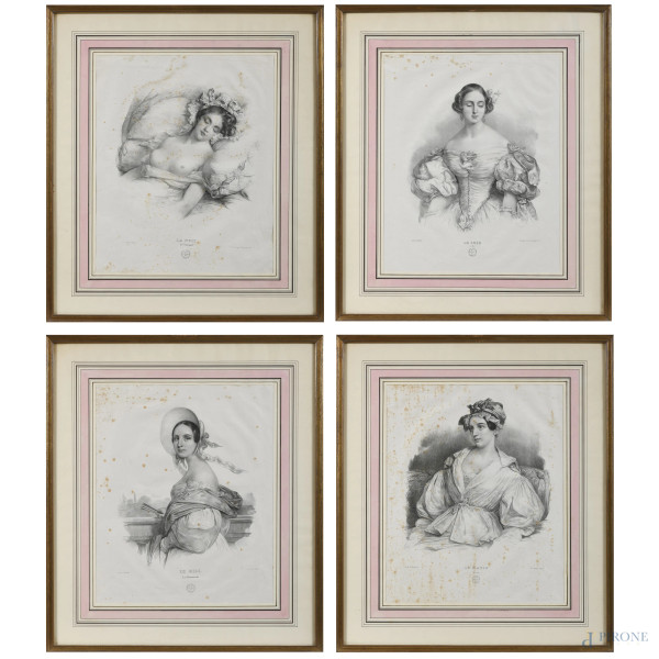 Lotto composto da quattro stampe raffiguranti allegorie della giornata, XIX secolo, cm 61x52,5, entro cornice, (segni di usura, tracce di umidità, foxing, lacerazioni, difetti)