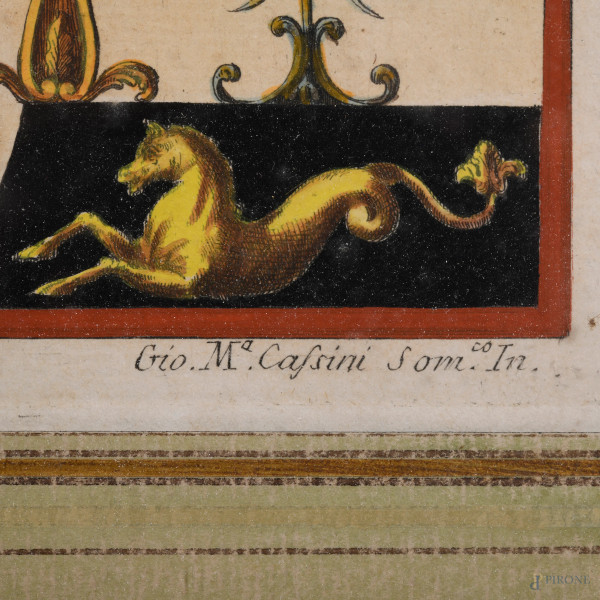 Coppia di incisioni acquerellate raffiguranti grottesche, cm 38x24, entro cornice