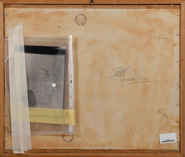 Paesaggio con mucche, tecnica mista su carta, cm 50x60, entro cornice, (lievi difetti)
