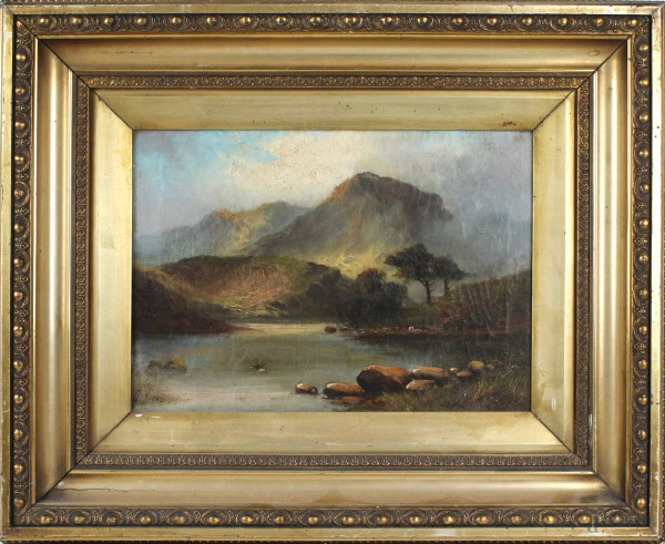 Paesaggio con lago, olio su tela, cm 26x36, firmato, entro cornice.