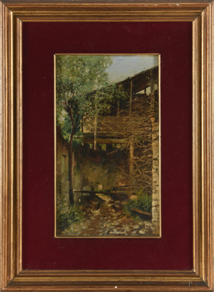 Giuseppe Augusto Levis (Chiomonte, 1879 – Racconigi, 1926) Scorcio di stalla, olio su tavola, cm 31,5x18 entro cornice, firmato in basso a destra, (dfetti)