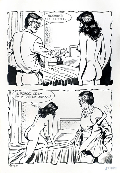 Fumetto erotico, tavola originale, china su carta, cm 18,5x26,5