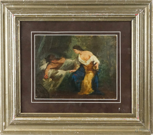 Otello e Desdemona, olio su cartone, firmato D. Morelli, cm 24x30, entro cornice