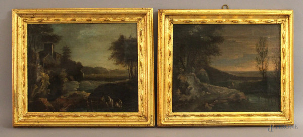 Pittore del XVIII sec, coppia paesaggi, olio su tela 23x28 cm, entro cornici.