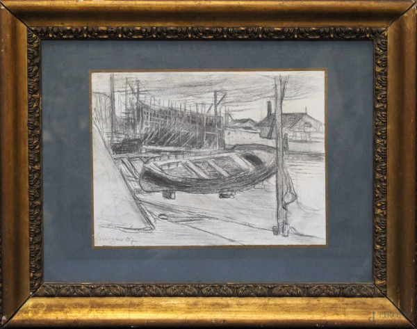 Barca, disegno a matita grassa su carta firmato, cm 23 x 28, entro cornice.
