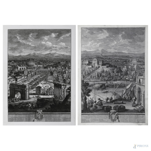 Lotto di due stampe su carta raffiguranti vedute della città di Roma (da incisioni di Giuseppe Vasi), XX secolo, misure massime cm 61x45, (segni di usura)