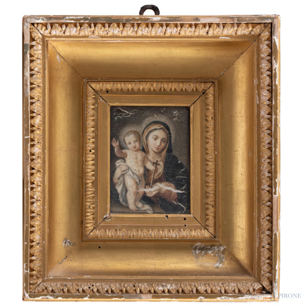 Madonna con Bambino, XIX-XX secolo, stampa ritoccata, cm 9x7, entro cornice, (segni di usura, strappi, lacerazioni, craquelure, difetti)