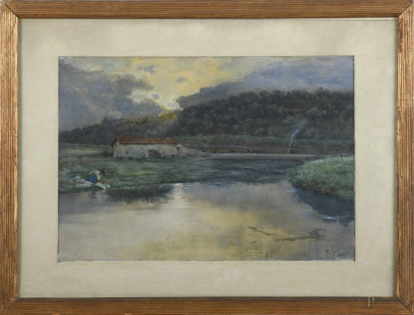 Pio Joris (1843 - 1921), La Lavandaia, acquerello su carta, cm 48x65,5 compreso passepartout, firmato in basso a destra, entro cornice, (segni di usura, tracce di umidità, ondulazioni della carta)