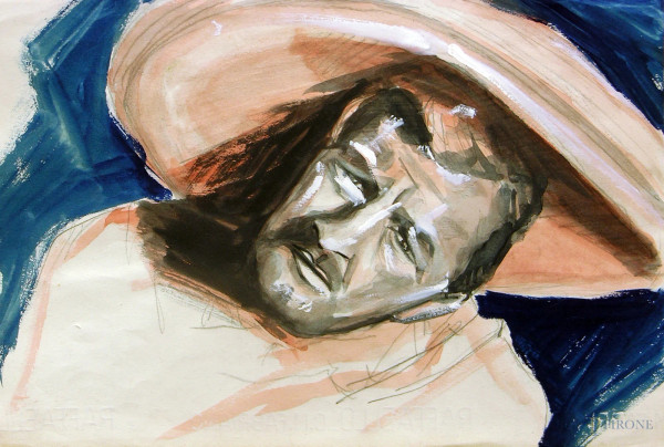 Bozzetto cinematografico per film western raffigurante uomo con sombrero, tempera su carta, cm 35,24.