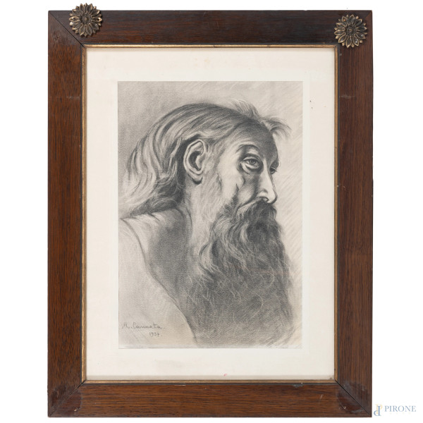Testa di santo, XX secolo, grafite su carta, cm 42x32 compreso passepartout, firmato e datato "1937" in basso a sinistra, entro cornice, (ondulazioni della carta)