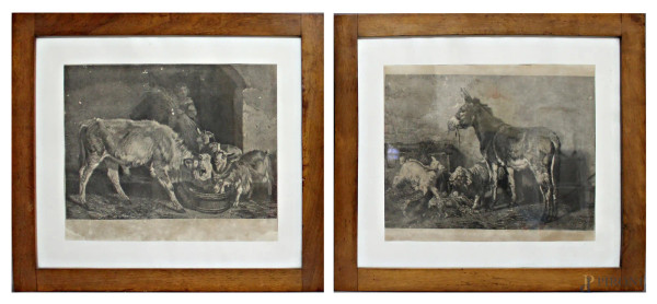 Lotto composto da due antiche stampe raffiguranti dipinti di Filippo Palizzi, cm 30 x 36, entro cornici.