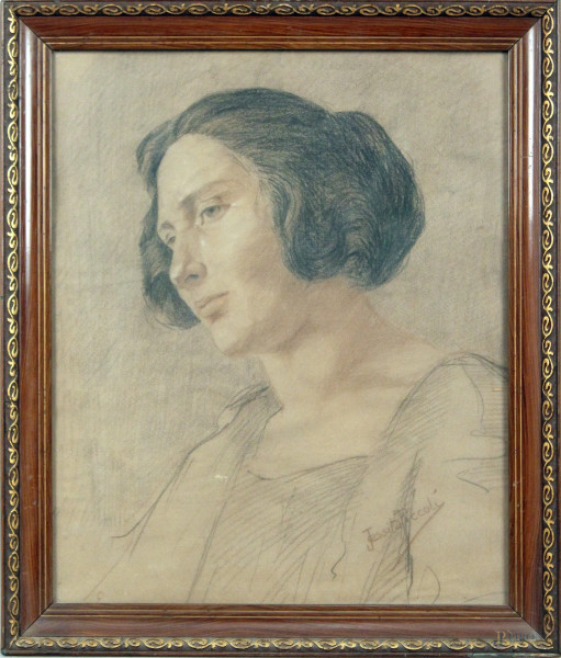 Ritratto di donna, pastelli su carta, cm. 44x36, firmato J. Piccoli, entro cornice.