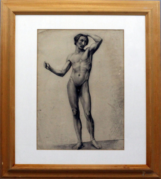 Nudo maschile, carboncino su carta, cm 61,5x44, XX secolo, entro cornice