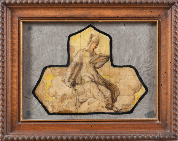 Santo, XIX-XX secolo, tecnica mista su carta, cm 20x27, entro cornice, (segni di usura, lacerazioni, segni di piegatura, difetti)