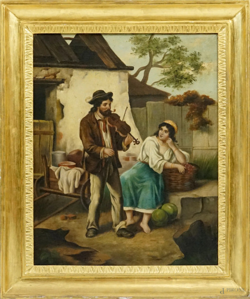 Scuola italiana del XIX secolo, La serenata, olio su tela, firmato, cm 52,5 x 42, entro cornice