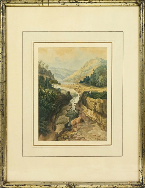 Paesaggio fluviale con figure, acquerello su carta, firmato, cm 22x16, entro cornice