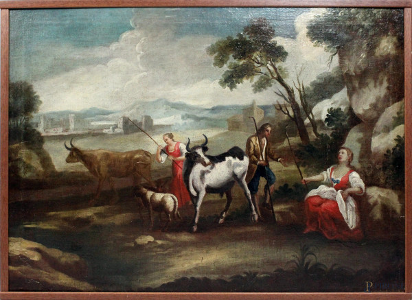 Pittore del XVIII secolo, Paesaggio con contadini e armenti, olio su tela, cm 69x94,5, entro cornice