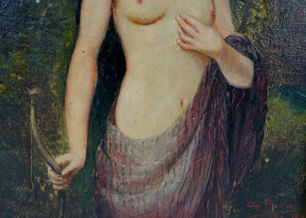 G. Bassi, Diana, 1903, olio su tavola, cm 27x21 entro cornice. Firmato e datato in basso a destra