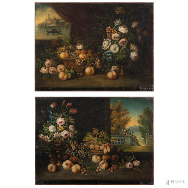 Coppia di nature morte, XX secolo, olio su tela, cm 76x102, (abrasioni, cadute di colore, difetti)