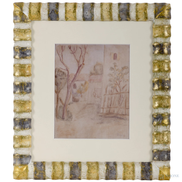 Fiorenzo Tomea, Scorcio di via con alberi, tecnica mista su carta, cm 14,5x11,5 entro cornice. Al retro dichiarazione di autenticità della moglia dell'artista