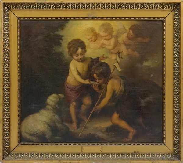 Bartolomé Esteban Murillo (Siviglia, 1618 – Cadice,1682) copia da, Gesù Bambino e San Giovannino, olio su tela, cm 55x64, fine XIX-inizi XX secolo, entro cornice.