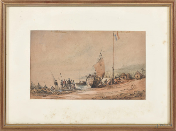 Ritorno dei pescatori, XX secolo, stampa ritoccata, cm 13,5x22,5, entro cornice, (gore, foxing, bruniture, tracce di umidità, piegature)