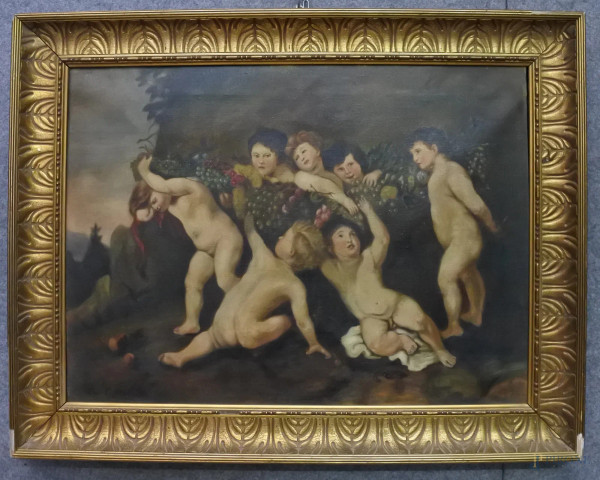 Allegoria di fanciulli, dipinto dell'800 a olio su tela 72x52 cm, entro cornice, periodo liberty.