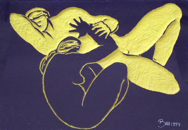 Betty Bee - Amanti, dipinto polimaterico entro teca di plexiglass, cm 50 x 70.