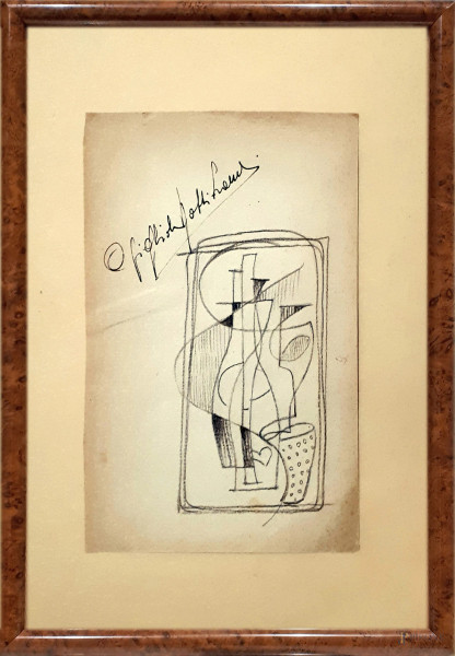 Artista cubista del Novecento, Composizione cubo futurista con bottiglia e bicchiere, grafite bruna su carta, cm 19x12, firmato, con cornice