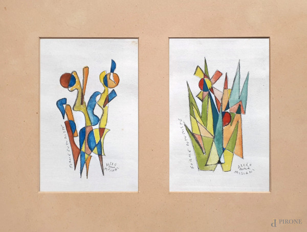 Forme futuriste, lotto di due dipinti a tempera su carta, cm 10x13, titolati e firmati Alceo Misiani, XX secolo