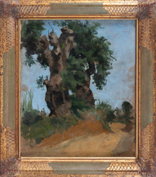 Cassapanca in legno con fronte decorato ad intaglio tripartito in tre pannelli. Piano apribile a ribalta  [..]